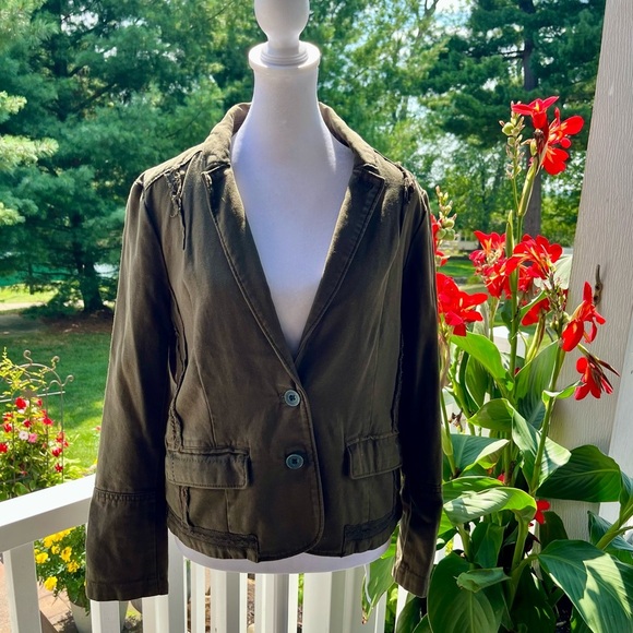 Anthropologie Hei Hei Jackets & Blazers - Anthropologie Hei Hei Olive Green Cotton Blazer | Houndstooth Back | Size 8P